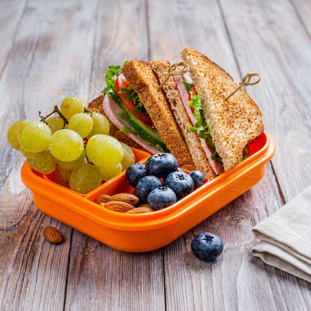 Tupper con merienda saludable para el recreo: sándwich, uvas, arándanos y frutos secos